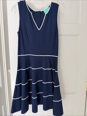 Sail to Sable Navy Blue Sleeveless Fit-and-Flare Dress with White Trim